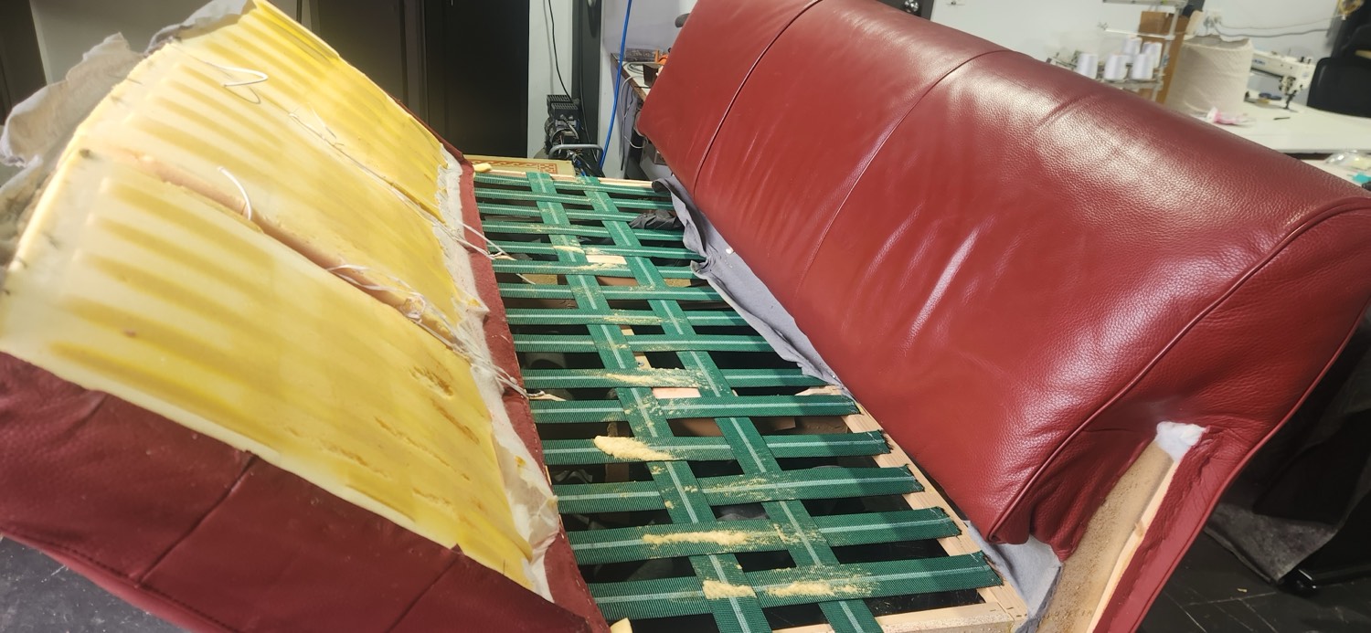 Natuzzi lounge stripped back with new webbing during repair